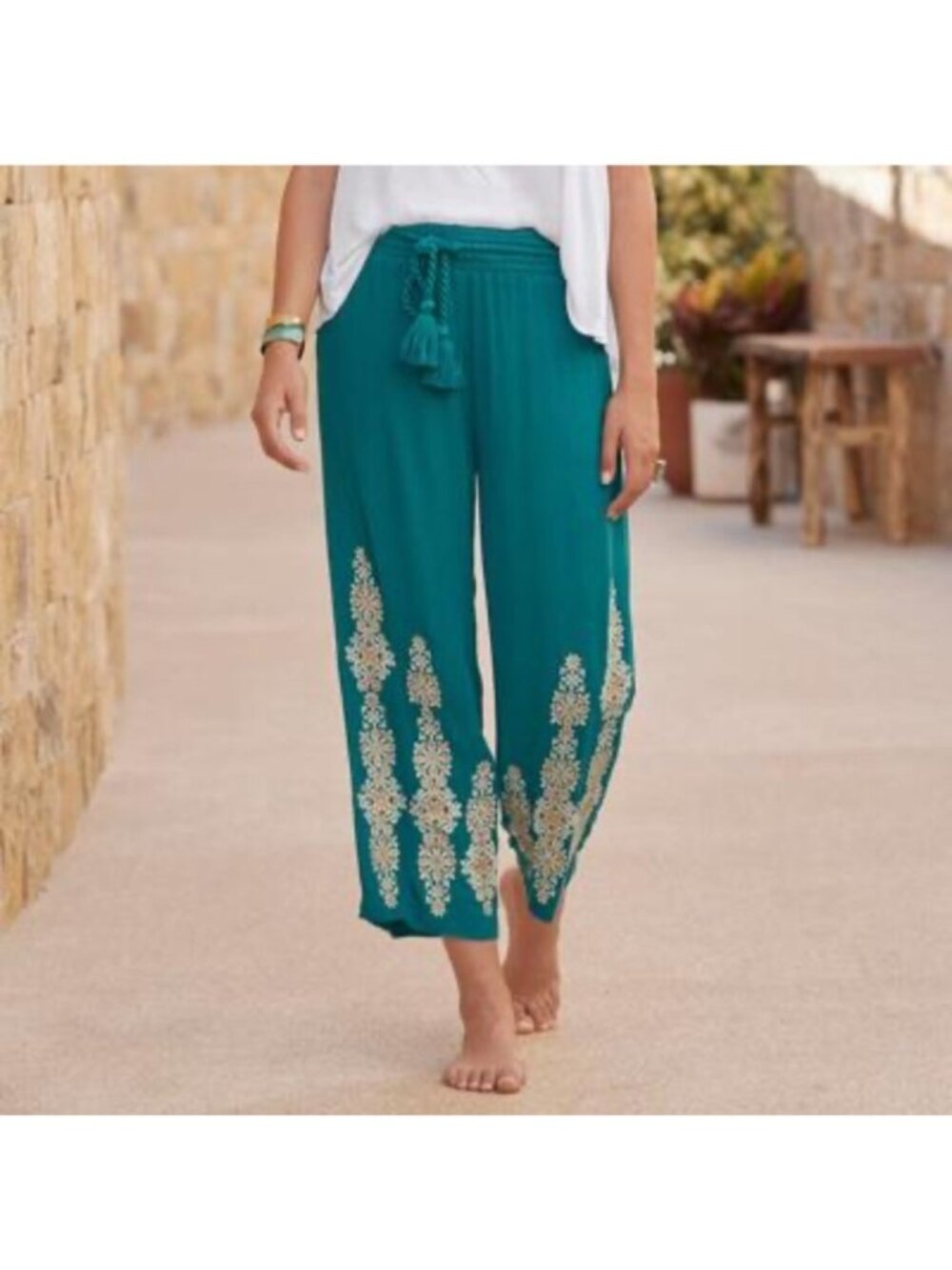 Sundance Womens Sz XL Spice Route Teal Embroidered Viscose Wide-Leg Pants